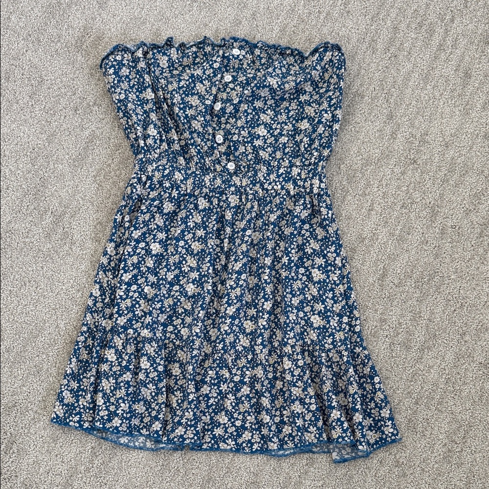 Floral Blue Strapless Dress